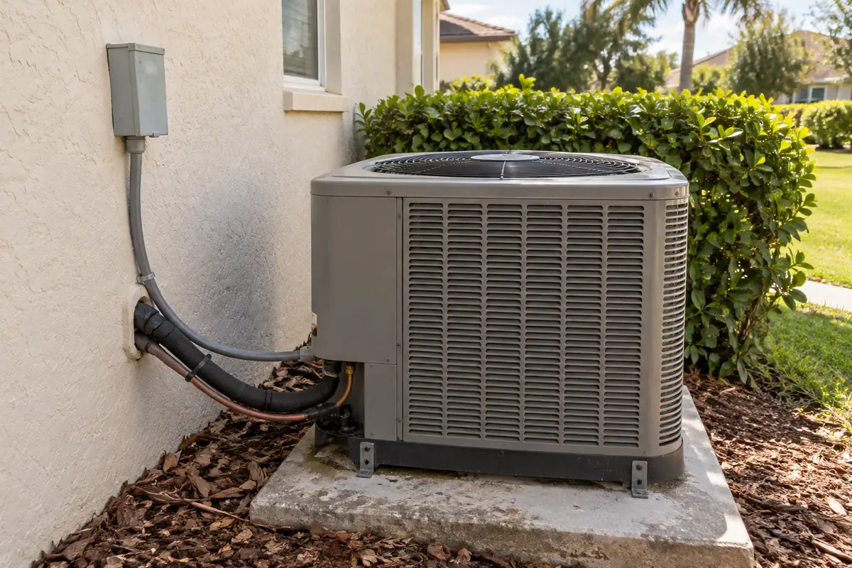 Outdoor air-conditioning condenser on a concrete pad beside a stucco wall and a hedge, ac not cooling in Garland, TX