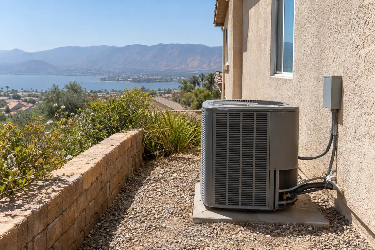 Condenser on gravel beside a stucco wall with a lake and hills in the distance, ac replacement in Garland, TX