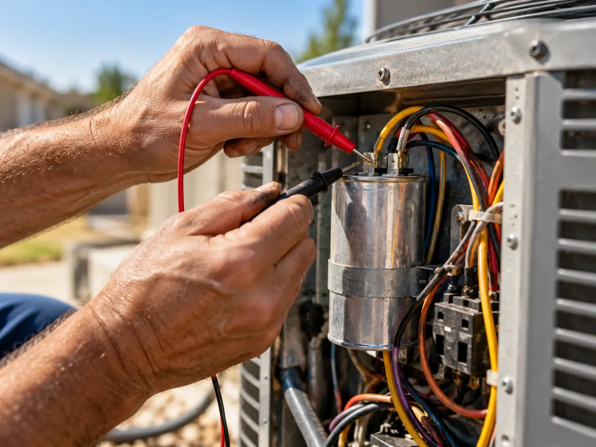 Diagnostic meter probes at outdoor air-conditioning wiring