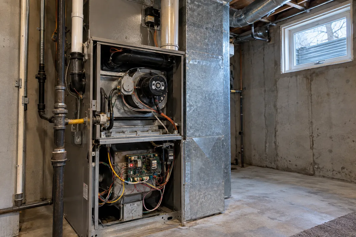 Furnace with the cover off, showing the wiring and burner area in a basement, ductless mini-split systems in Garland, TX