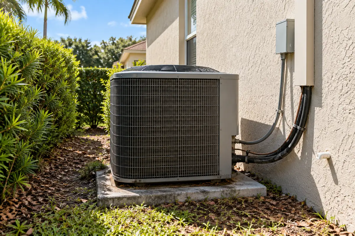 Air-conditioning condenser between a stucco wall and a clipped hedge, emergency and same-day ac repair in Garland, TX