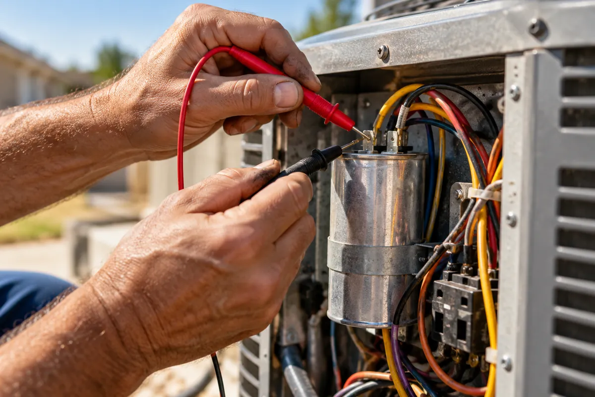 Diagnostic meter probes at outdoor air-conditioning wiring, r-22 system repair or replacement in Garland, TX